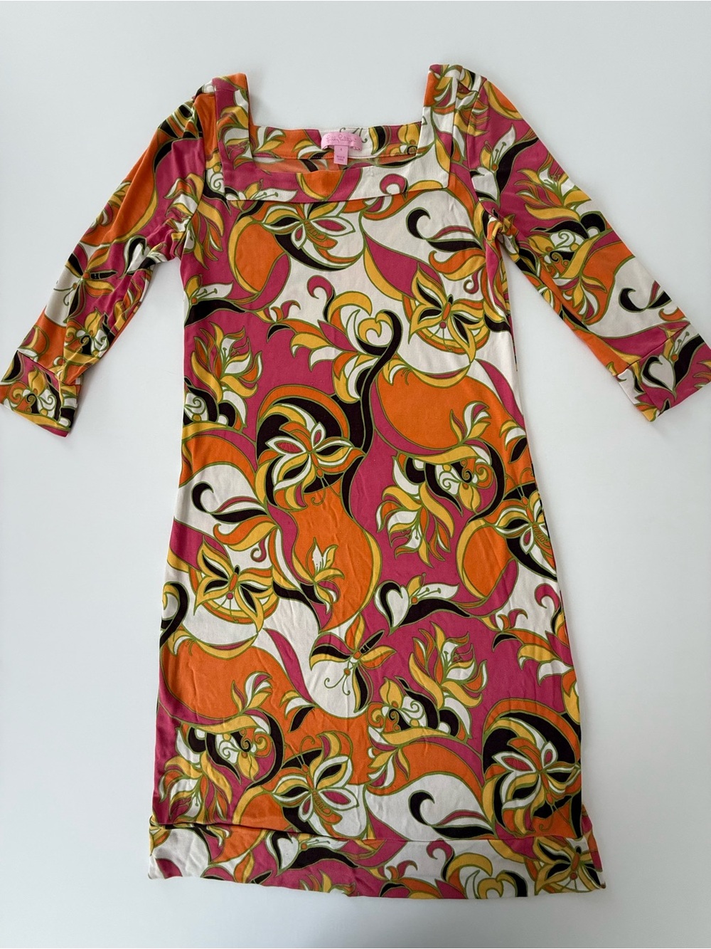 Lilly Pulitzer Pink, Orange & Cream Long Sleeve Square Neck Dress